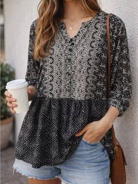 Addie Boho Black Floral Tunic Blouse Peasant Top Small